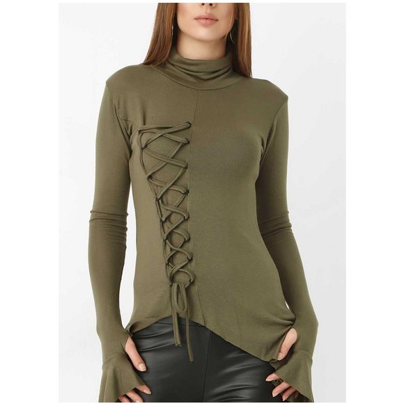 Bambina Mia - Khaki Lace-Up Side Tail Top - Picture 3 of 4